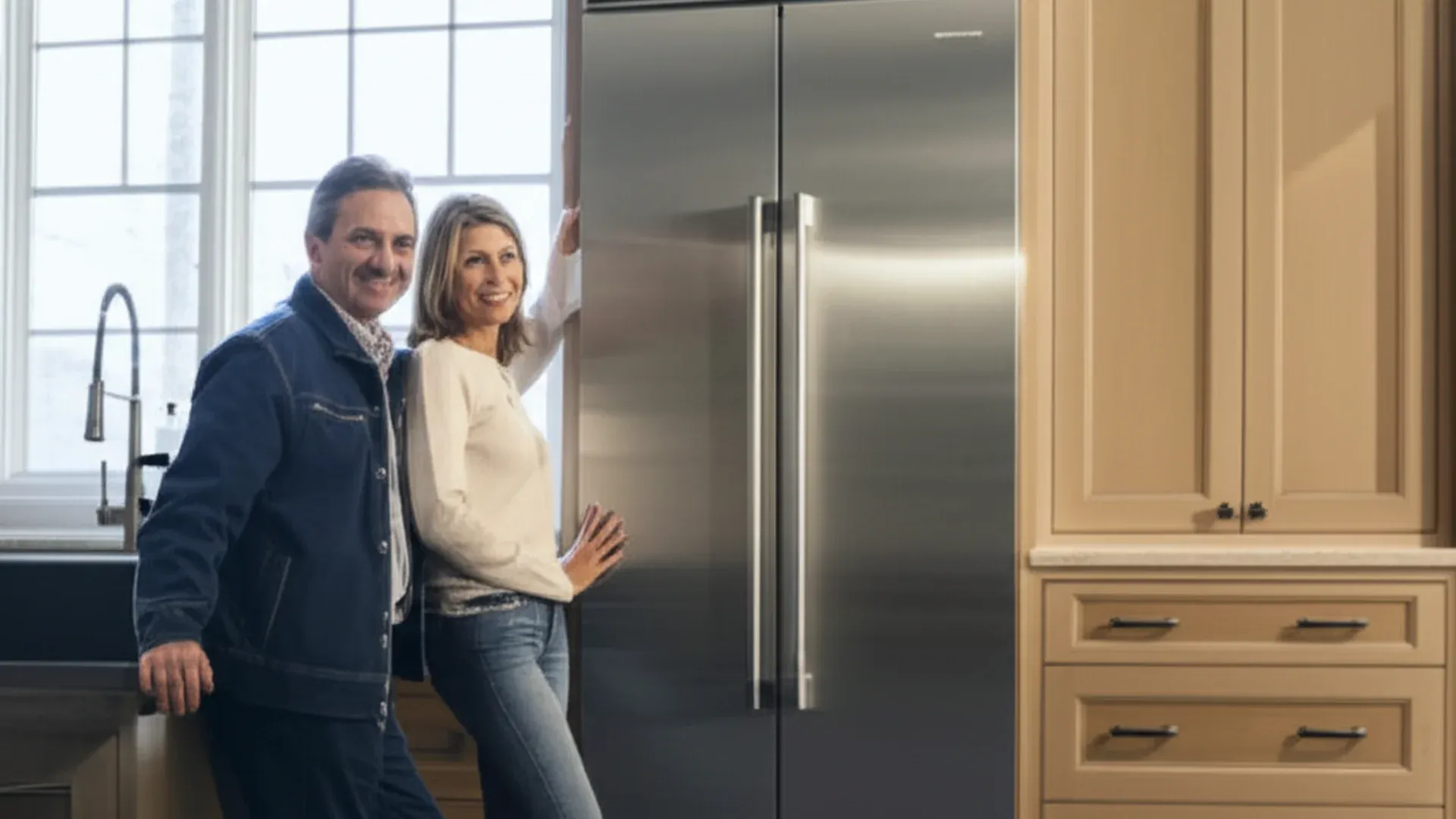 Two people standing beside a full-height stainless built-in refrigerator in a kitchen with pale cabinetry and tall windows