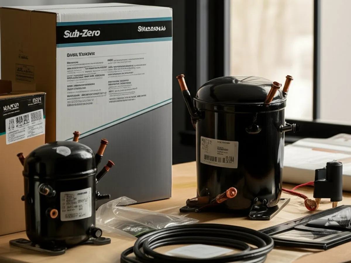 Replacement compressors and a printed parts carton on a workbench, coiled tubing and small fittings alongside